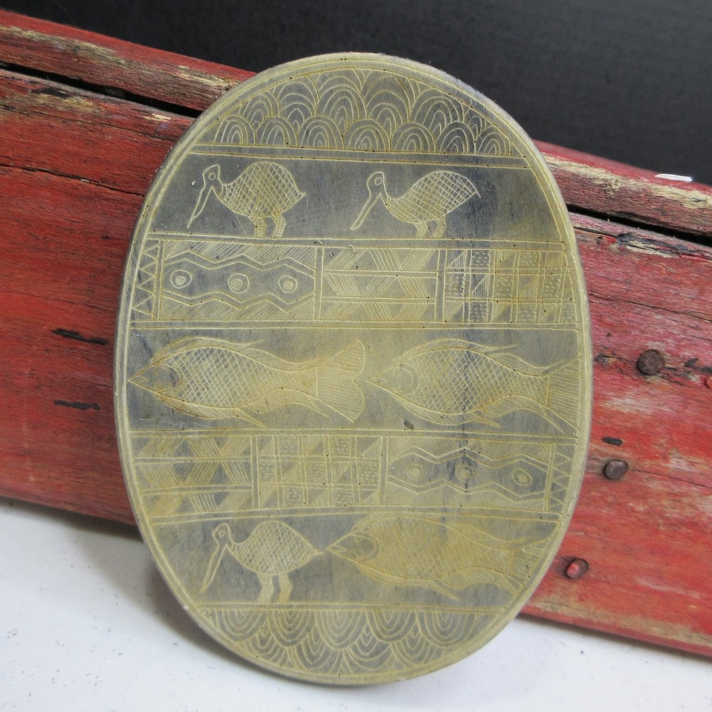 Vintage Stone Soap Dish Carved Birds Fish Geometric Pattern Bathroom Decor